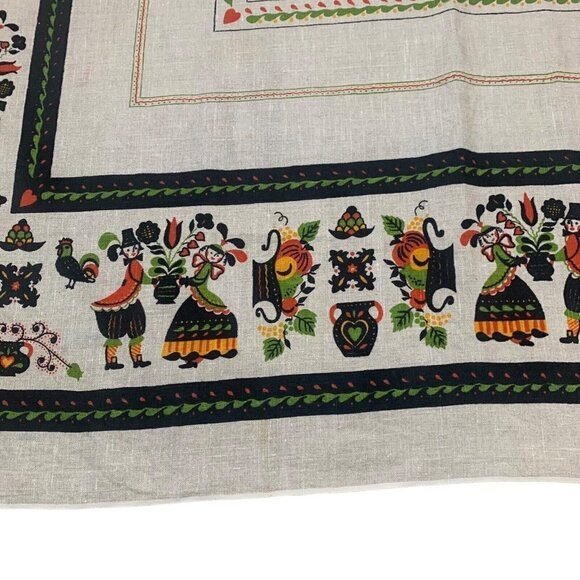 Vintage Folk Art Table Cloth Dutch Couple Linen Rectangle Tan 64 in x 50 in - Picture 3 of 5
